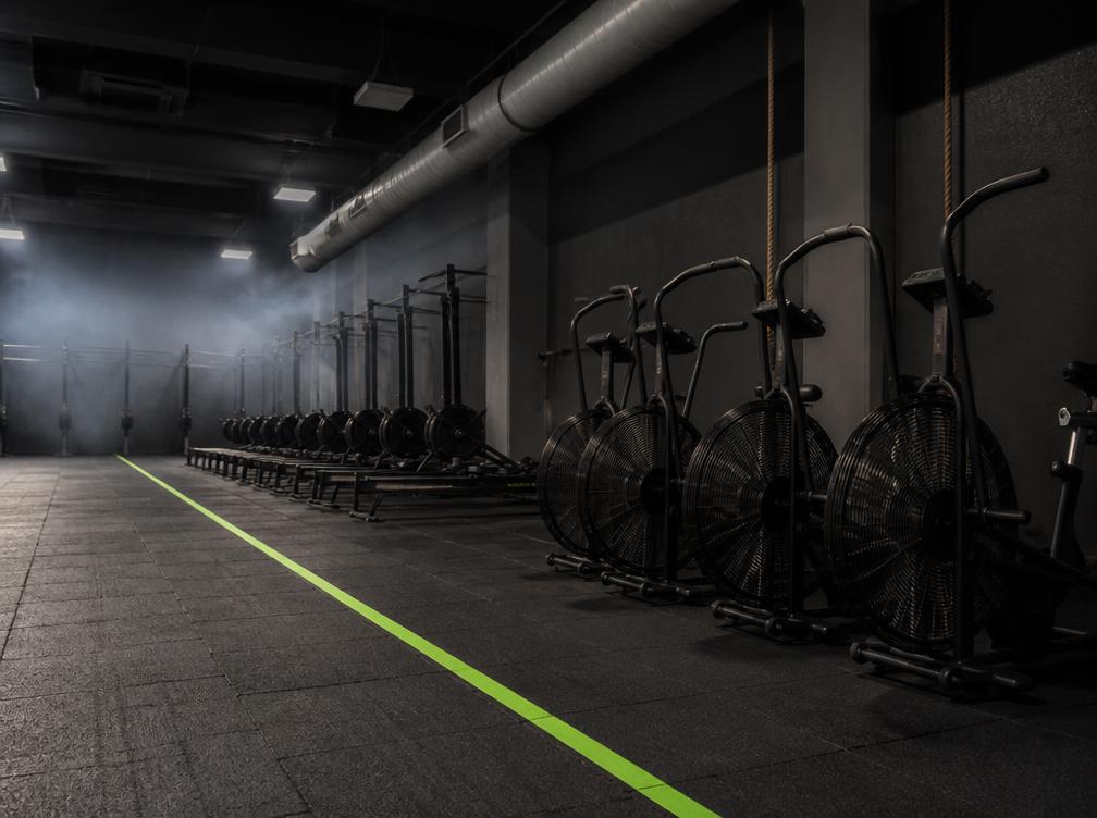 Row of air bikes and rowing machines lined up along a dark studio wall