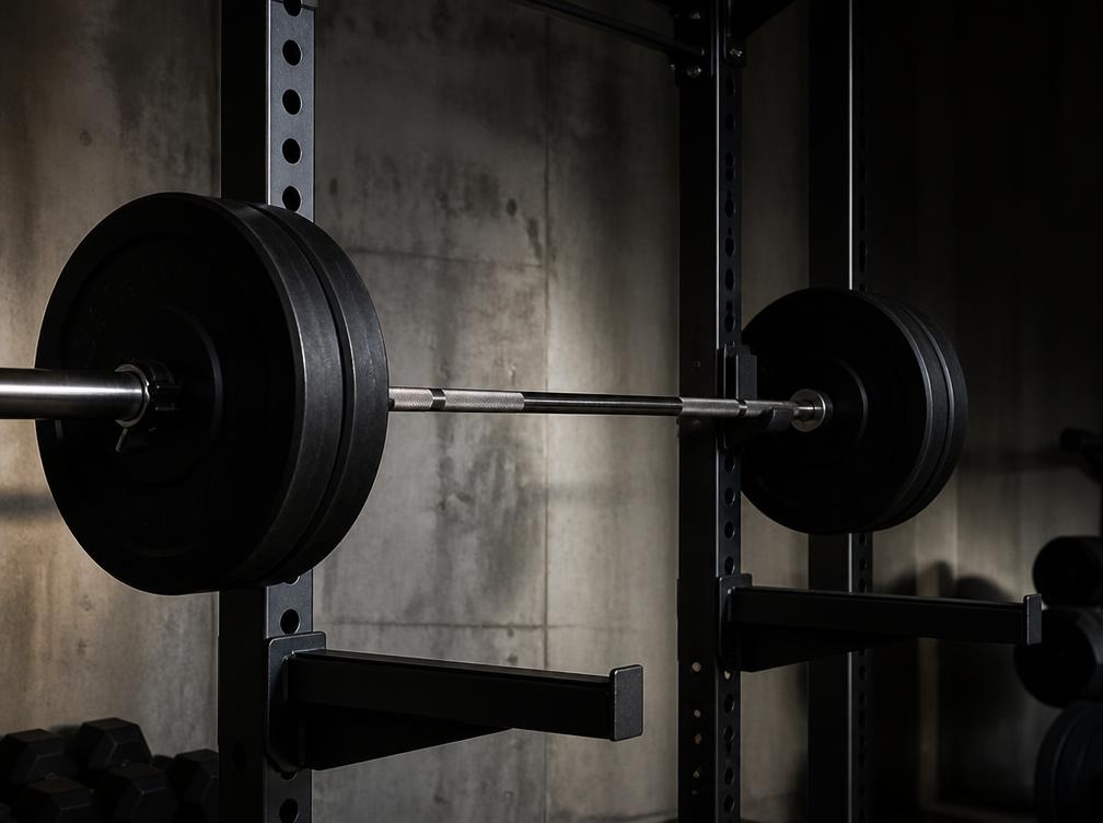 Loaded olympic barbell resting on a black power rack against a concrete wall